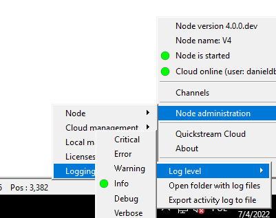 Quickstream Node Log Level