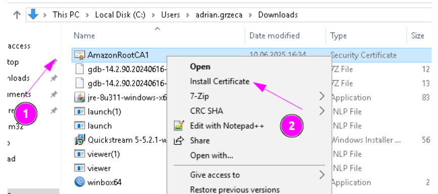 Istalling AWS certificates